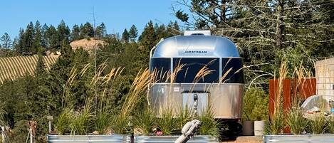A swimming pool with lounge chairs and a covered RV named 'AIRSTREAM' in the background.
