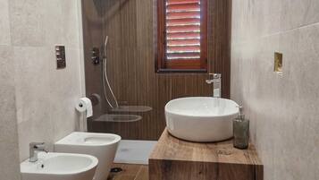 Hair dryer, bidet, towels, soap