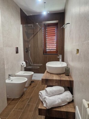 Hair dryer, bidet, towels, soap