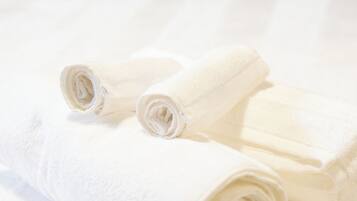Hair dryer, towels, soap, toilet paper
