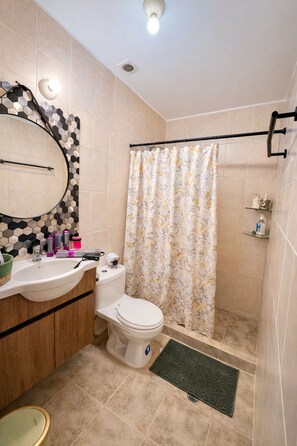 Hair dryer, towels, soap, shampoo