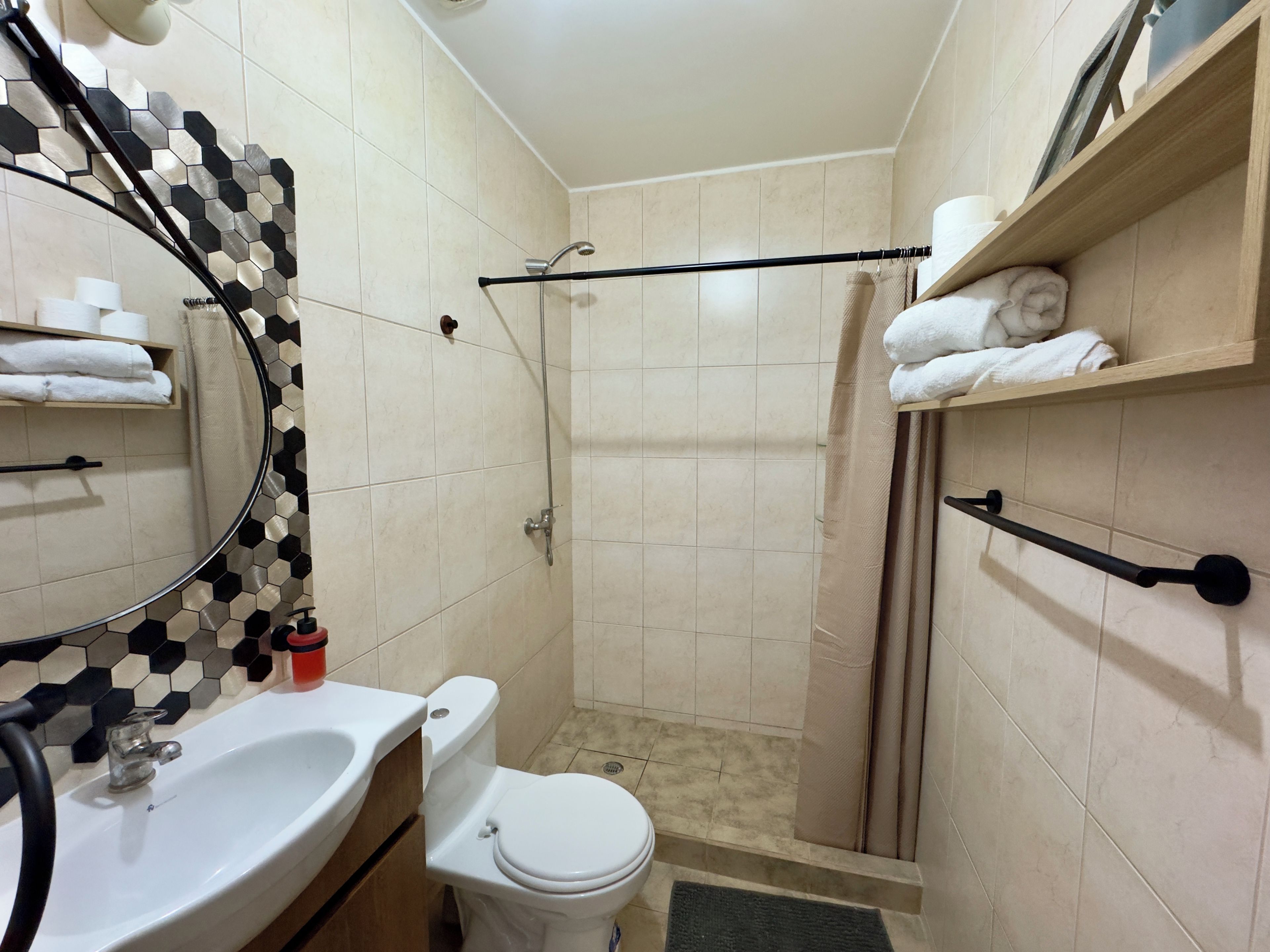 Hair dryer, towels, soap, shampoo