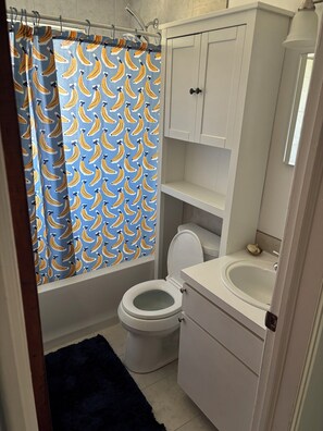 Hair dryer, towels, soap, shampoo