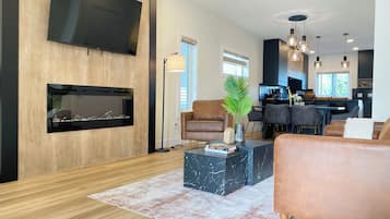 Smart TV, fireplace, books