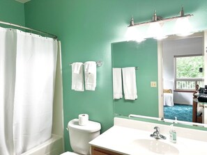 Hair dryer, towels, soap, toilet paper