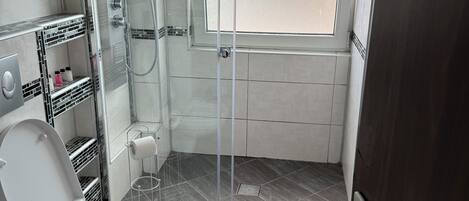 Shower, towels, soap, toilet paper