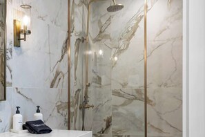 Shower, hair dryer, shampoo