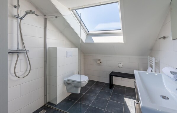 Une salle de bain moderne dotée d’une lucarne, d’une douche, de toilettes et d’une baignoire.