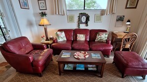 A living room with a red leather sofa, a wooden coffee table, and a patterned rug.
