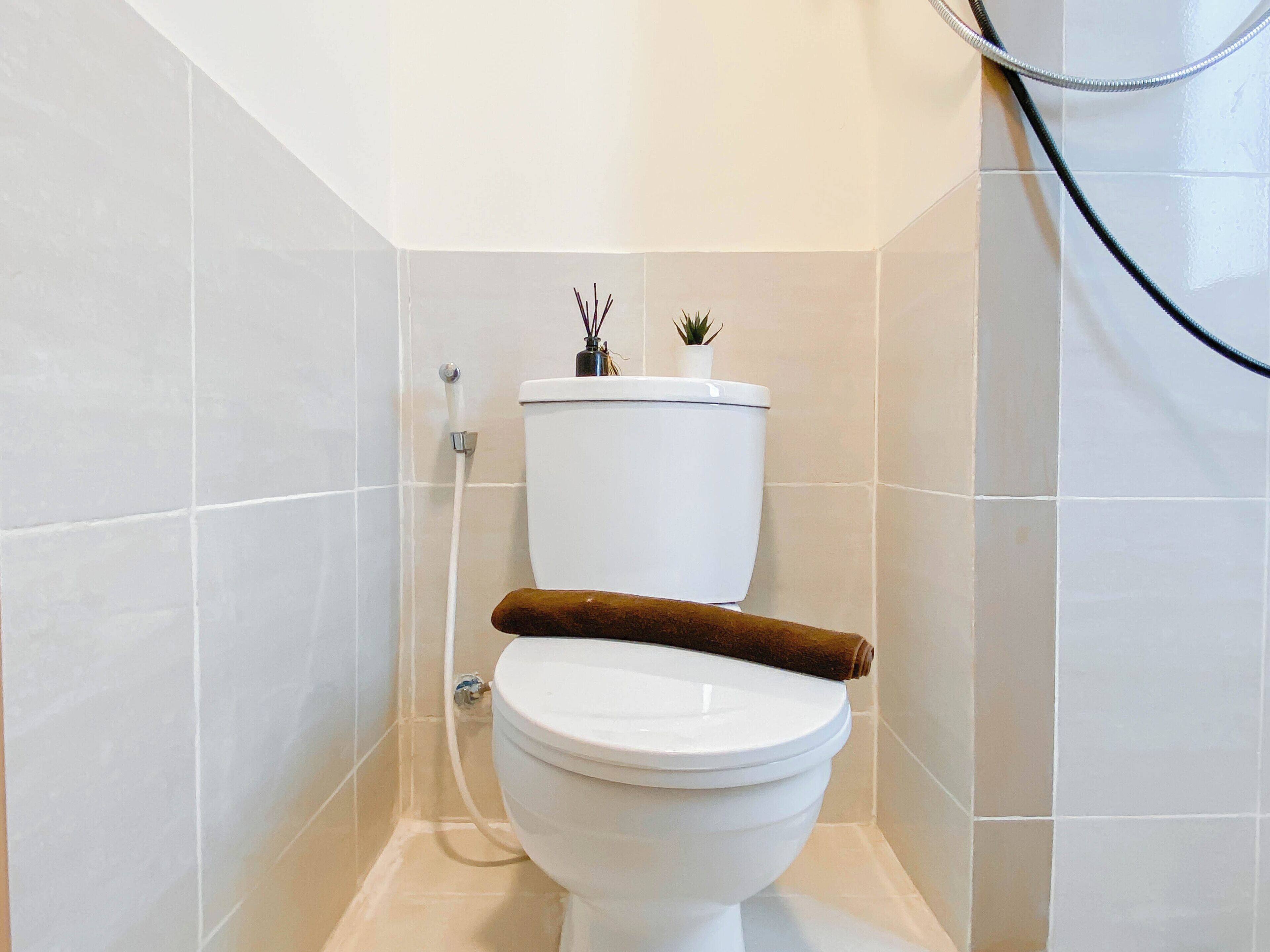 A toilet with a towel on top, a small plant, and a hose.