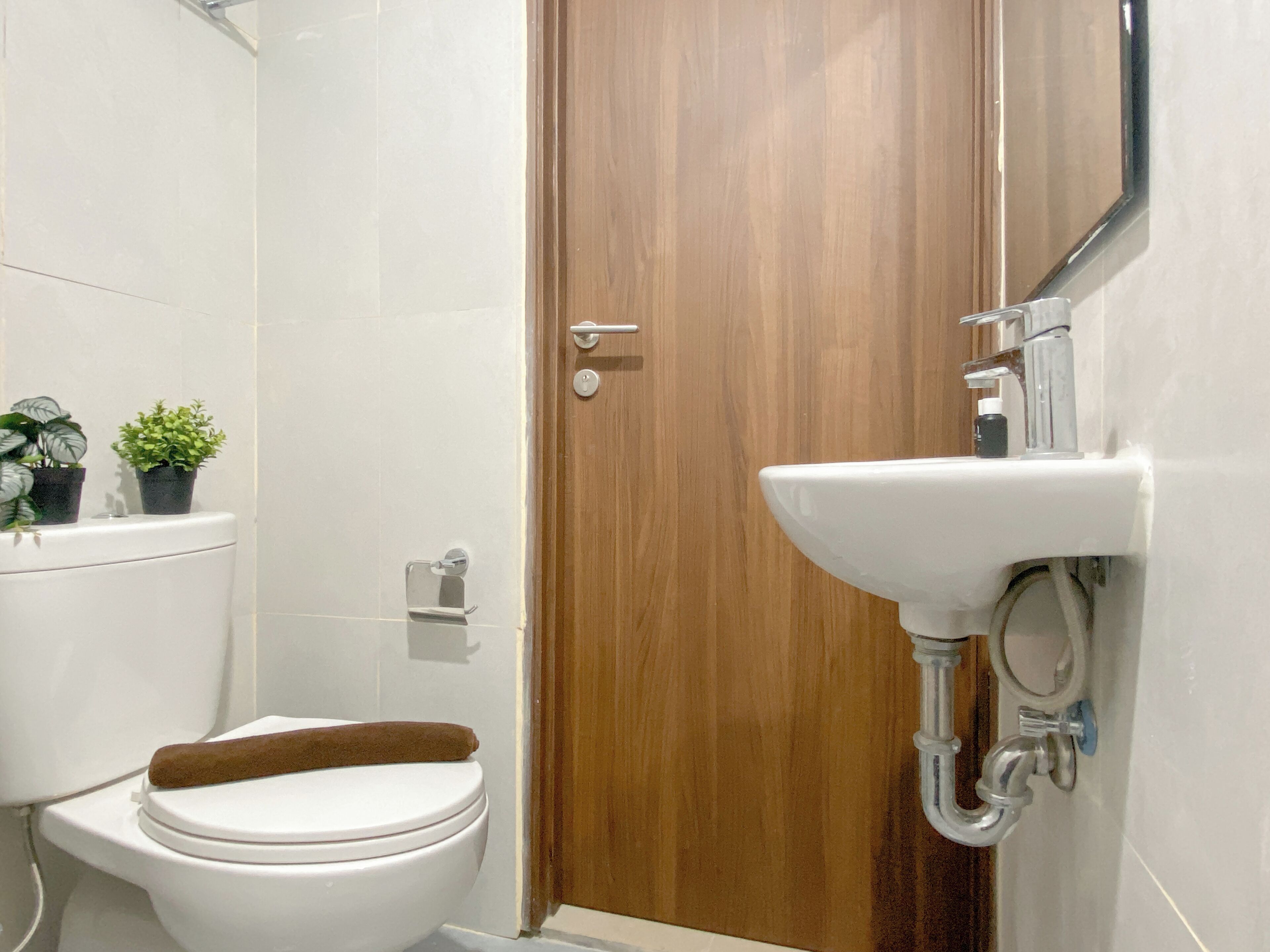 A bathroom with a toilet, a wooden door, a sink, and two potted plants.