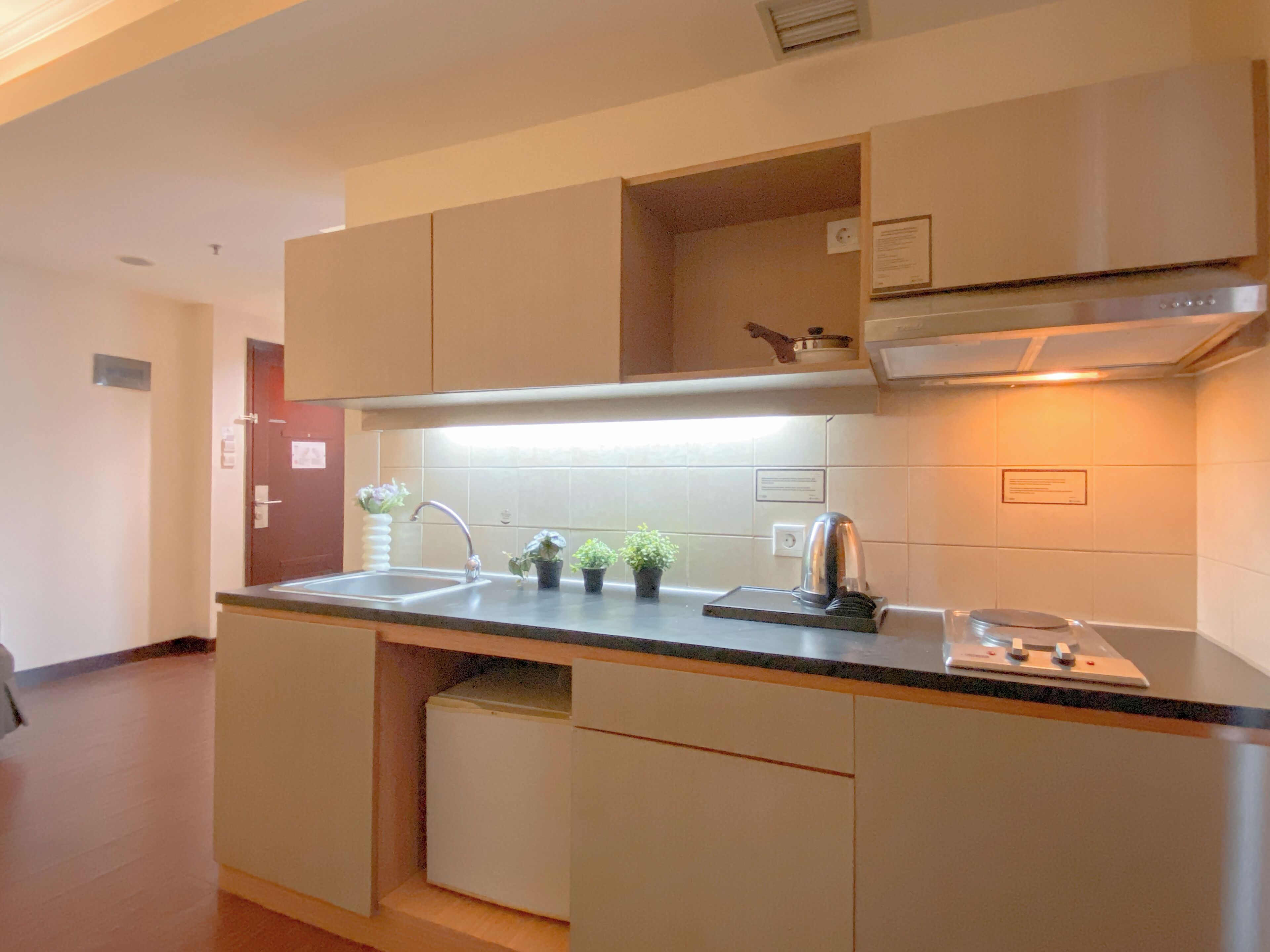 A compact kitchen with a sink, a stove, and a small refrigerator. There are potted plants on the counter.
