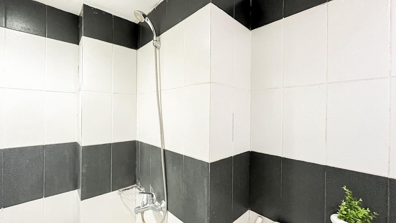A bathroom with black and white tiles, a shower with a handheld showerhead, and a small potted plant.