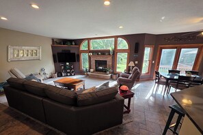 Smart TV, fireplace, video games, DVD player