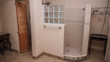 Shower, towels, soap, toilet paper