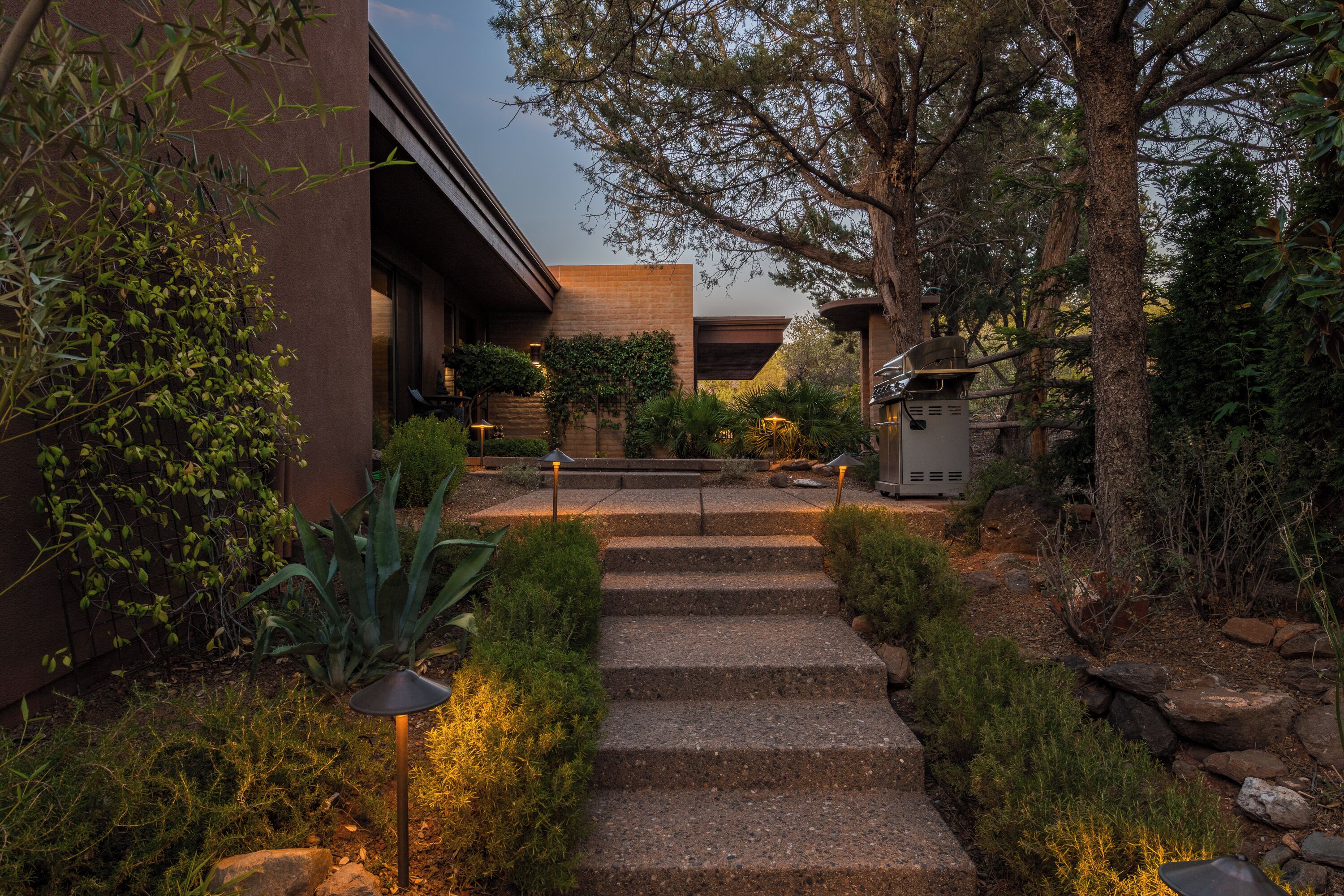 A modern building with a stone pathway leading to the entrance, surrounded by greenery and a tree.