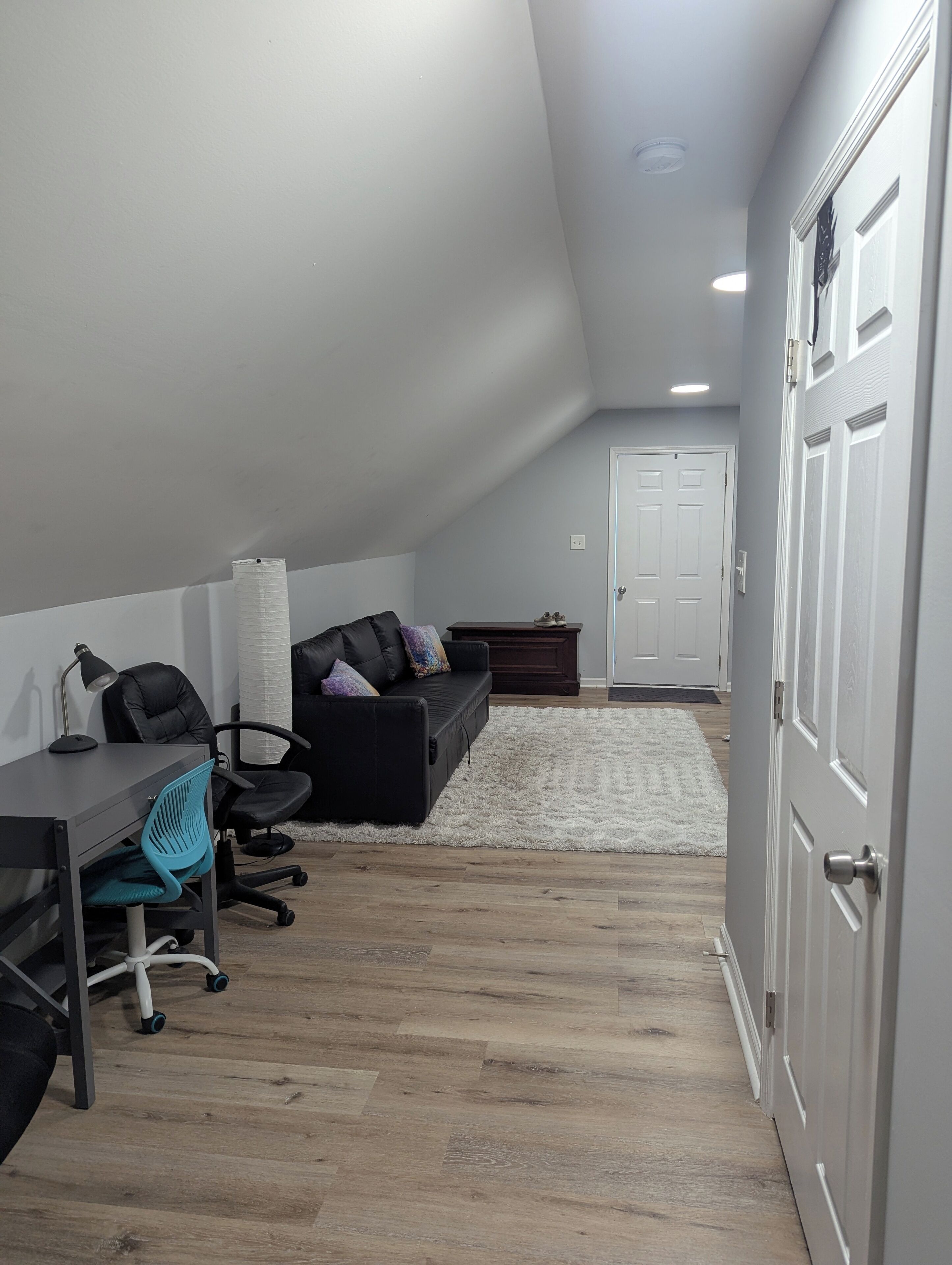 Camera da letto moderna in stile loft, con scrivania, divano in pelle nera e una porta bianca.