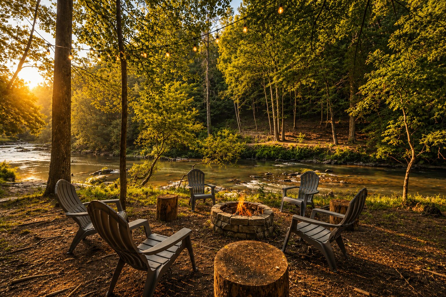 Golden hour settles over the fire pit as the river runs just beyond.