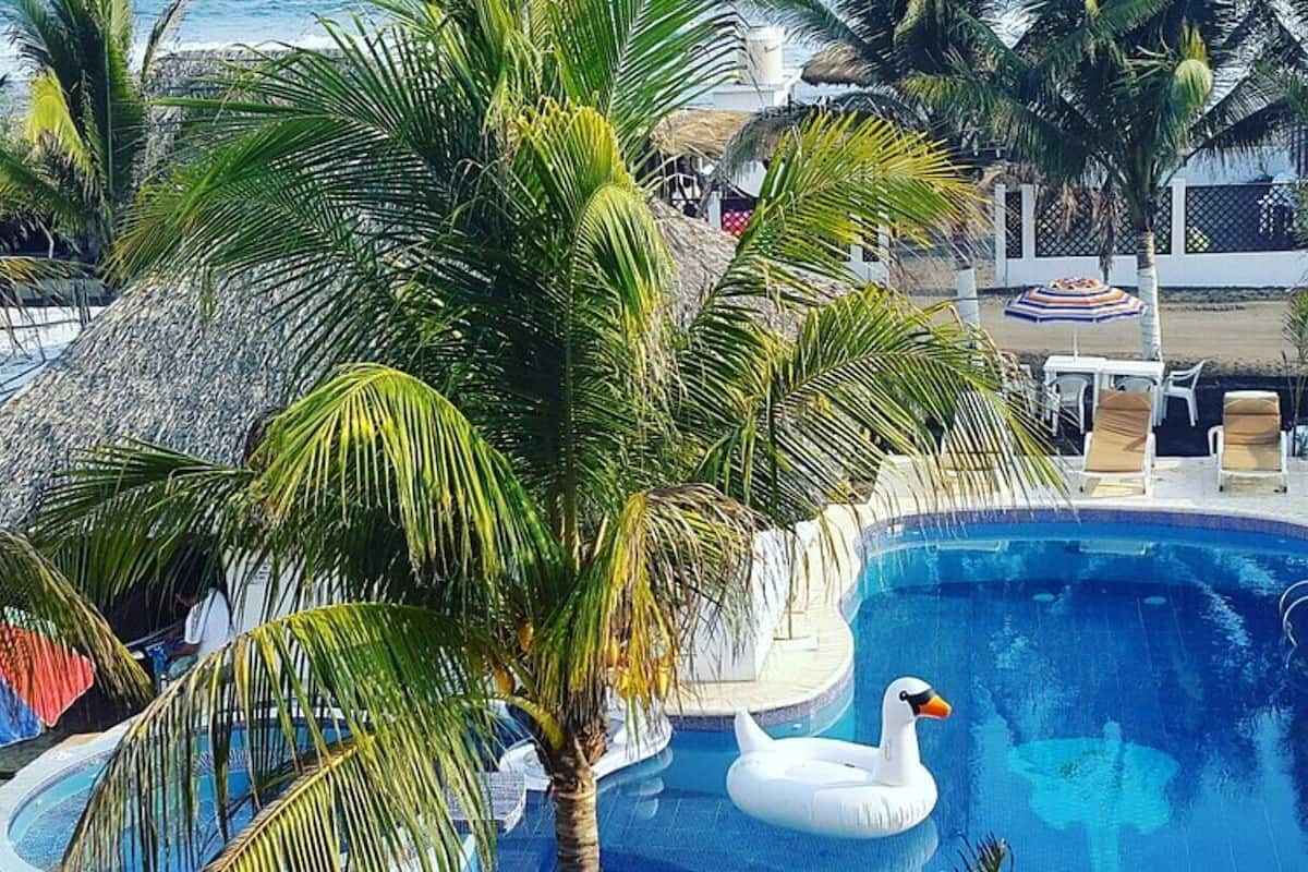 Una piscina con un flotador con forma de cisne, rodeada de palmeras y sillas de descanso.