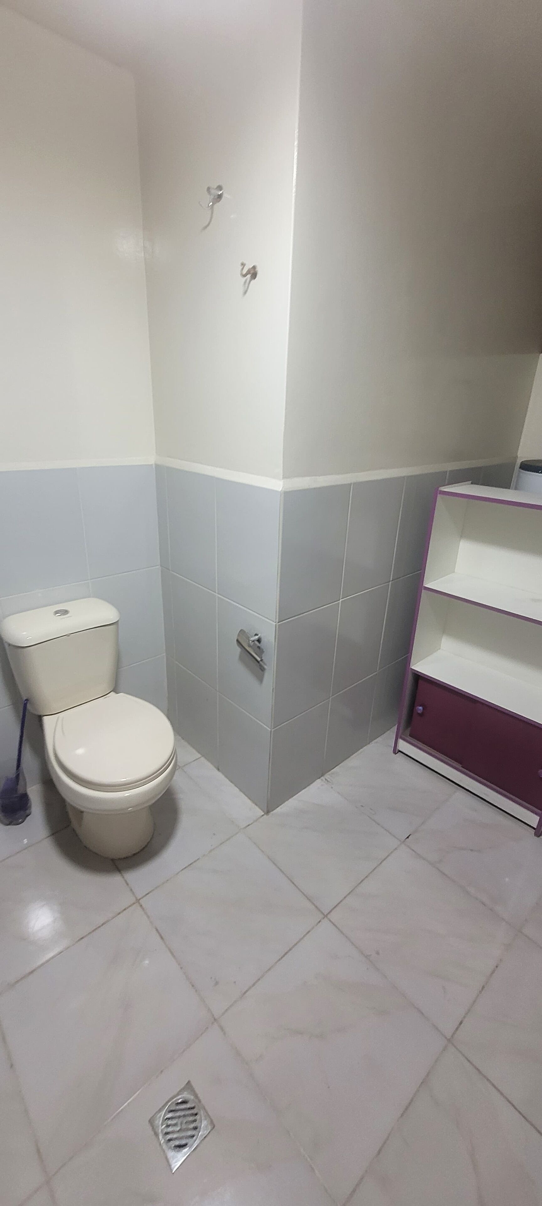 Un baño con inodoro, estantería y paredes con azulejos.