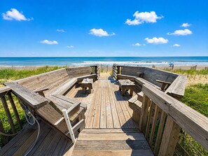 A wooden deck with benches and tables, leading to a beach with the ocean in the background.