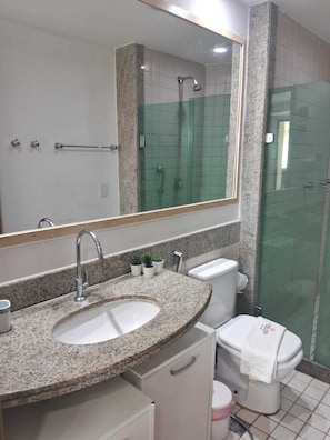 Hair dryer, towels, soap, toilet paper