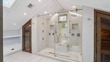 Shower, hair dryer, towels