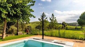 Una piscina rectangular con solárium enlosado, rodeada de césped, árboles y una valla.