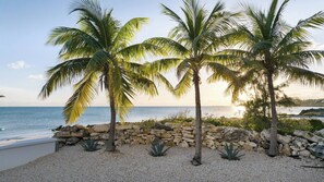 Une vue sur la côte, avec des palmiers, un mur de pierre et une plage.