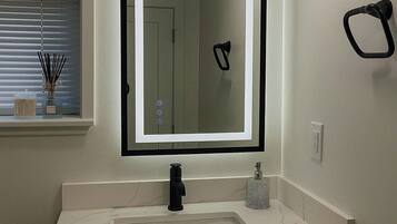 Shower, hair dryer, soap, toilet paper