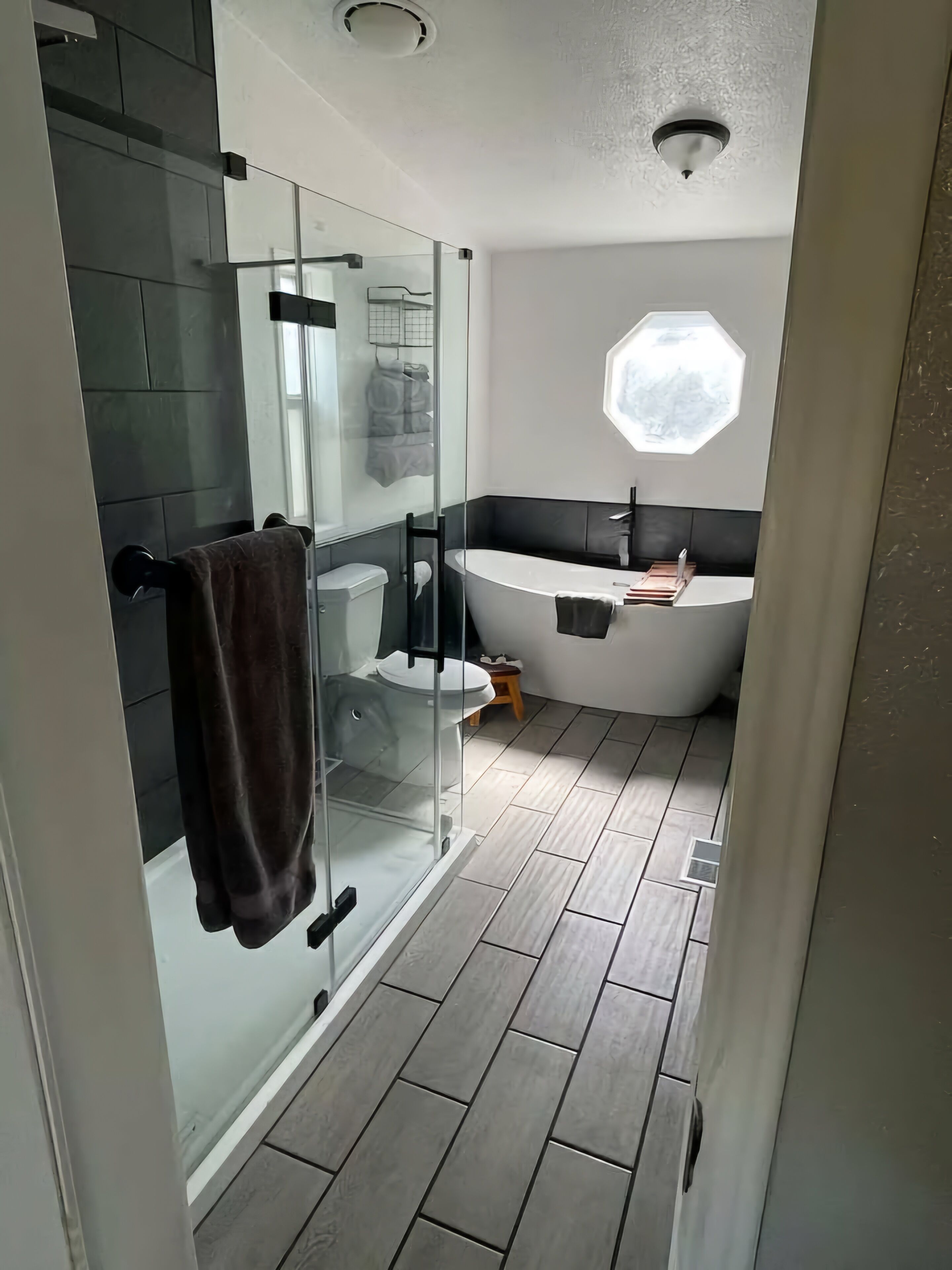 Hair dryer, towels, soap, shampoo