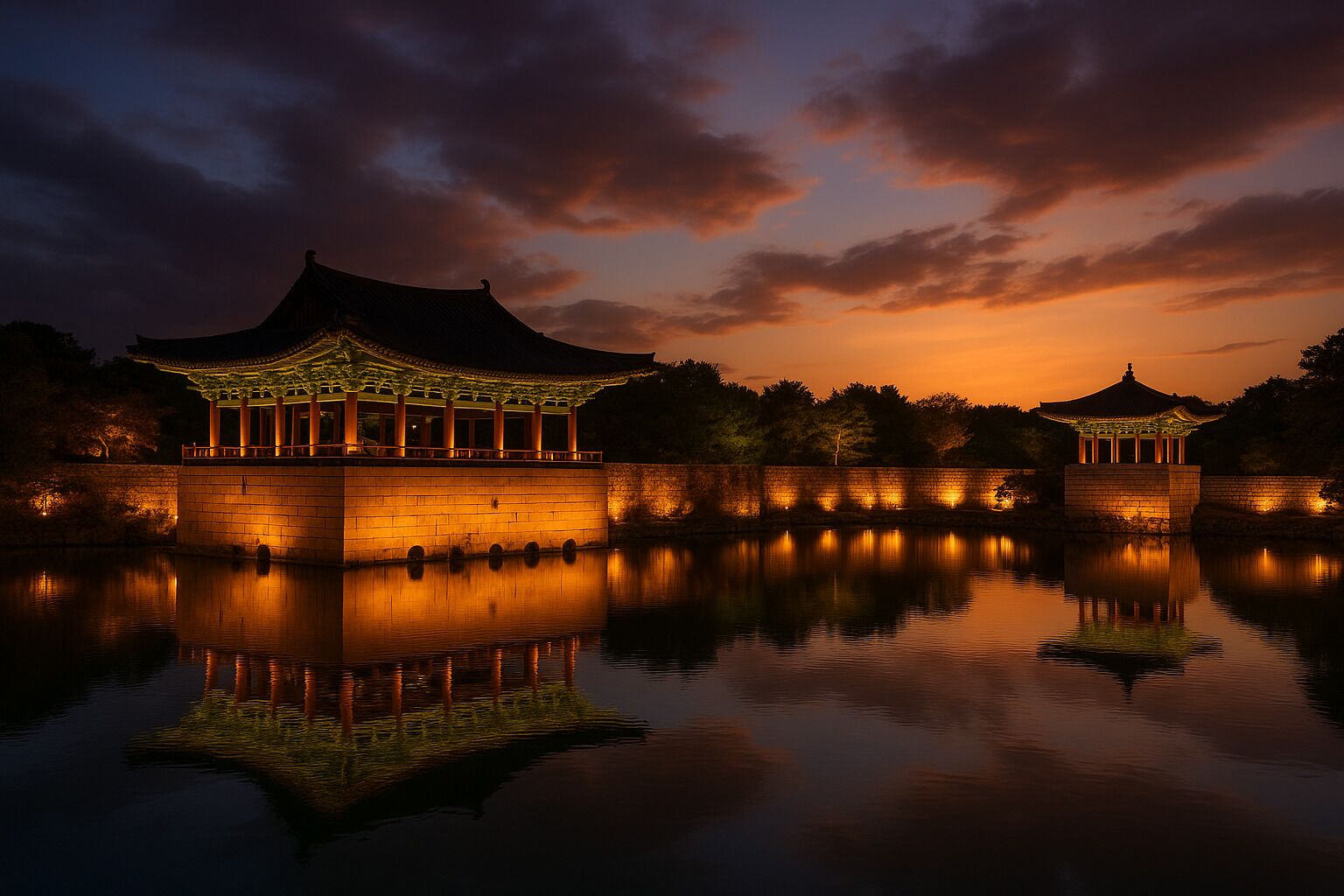 A traditional Chinese pavilion with a reflection in the water, surrounded by a stone wall.