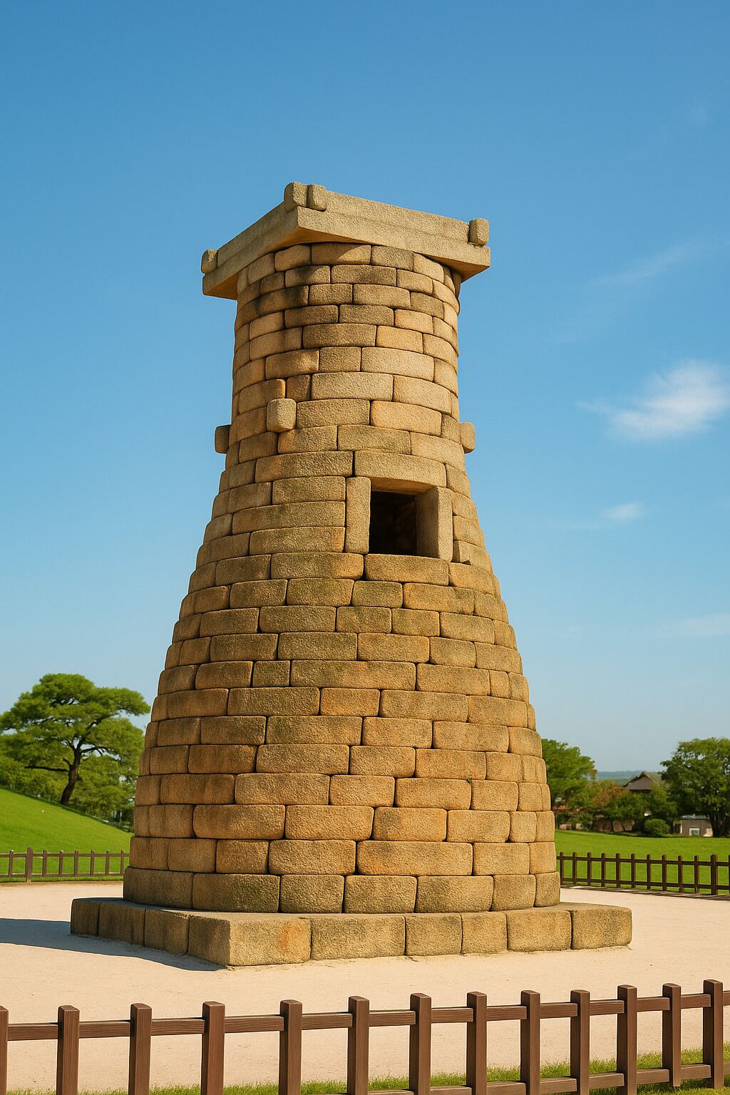 A stone tower with a small window, surrounded by a wooden fence.
