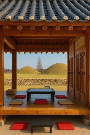 A traditional wooden pavilion with a view of a grassy landscape and hills. - Travel Light Hostel Gyeongju (Gyeongju)