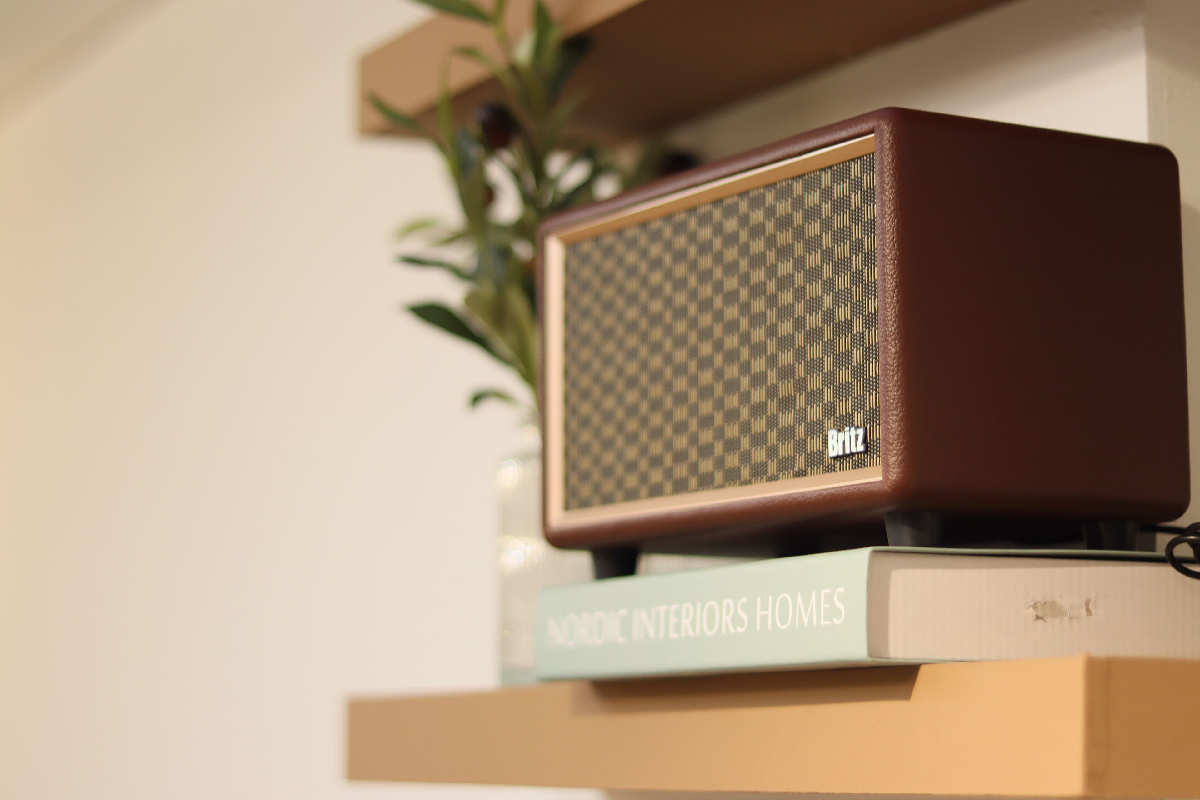 A vintage radio on a shelf with a book titled "Nordic Interiors Homes" and a plant in the background.