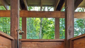 Une cabane en bois avec une porte en métal et une fenêtre donnant sur une forêt.