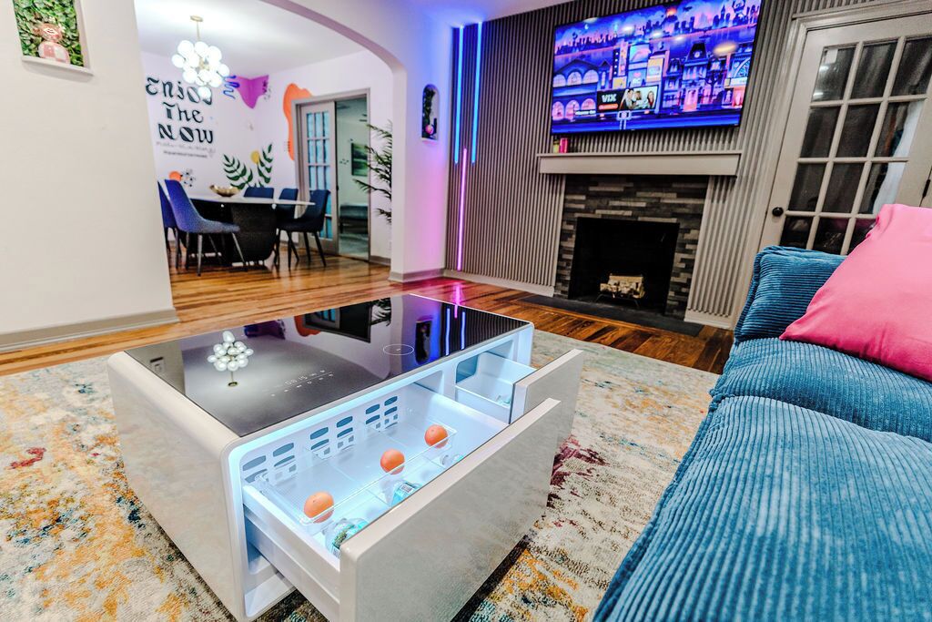 Smart TV, fireplace, video games, foosball