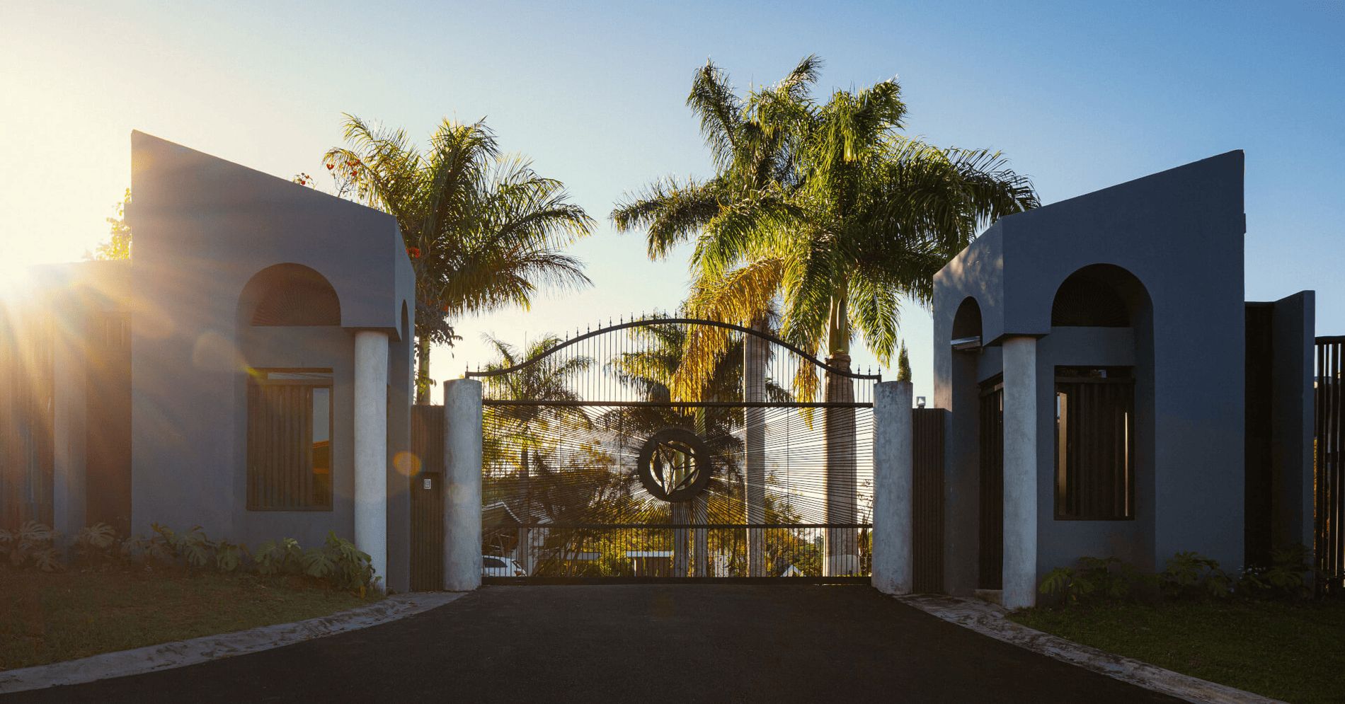 A gated entrance with a palm tree in the background.