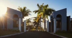 Una entrada protegida por un portón con una palmera al fondo.