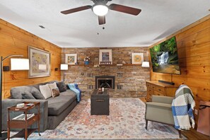 Smart TV, fireplace, books