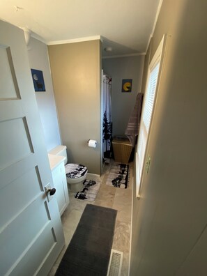 Shower, towels, soap, toilet paper