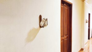 Un couloir avec une porte en bois et un luminaire fixé au mur.