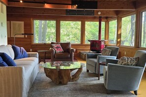 TV, fireplace, books