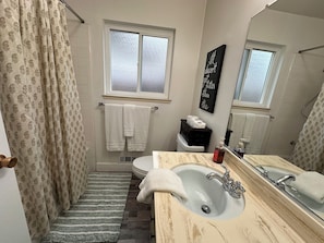 Shower, hair dryer, bidet, towels