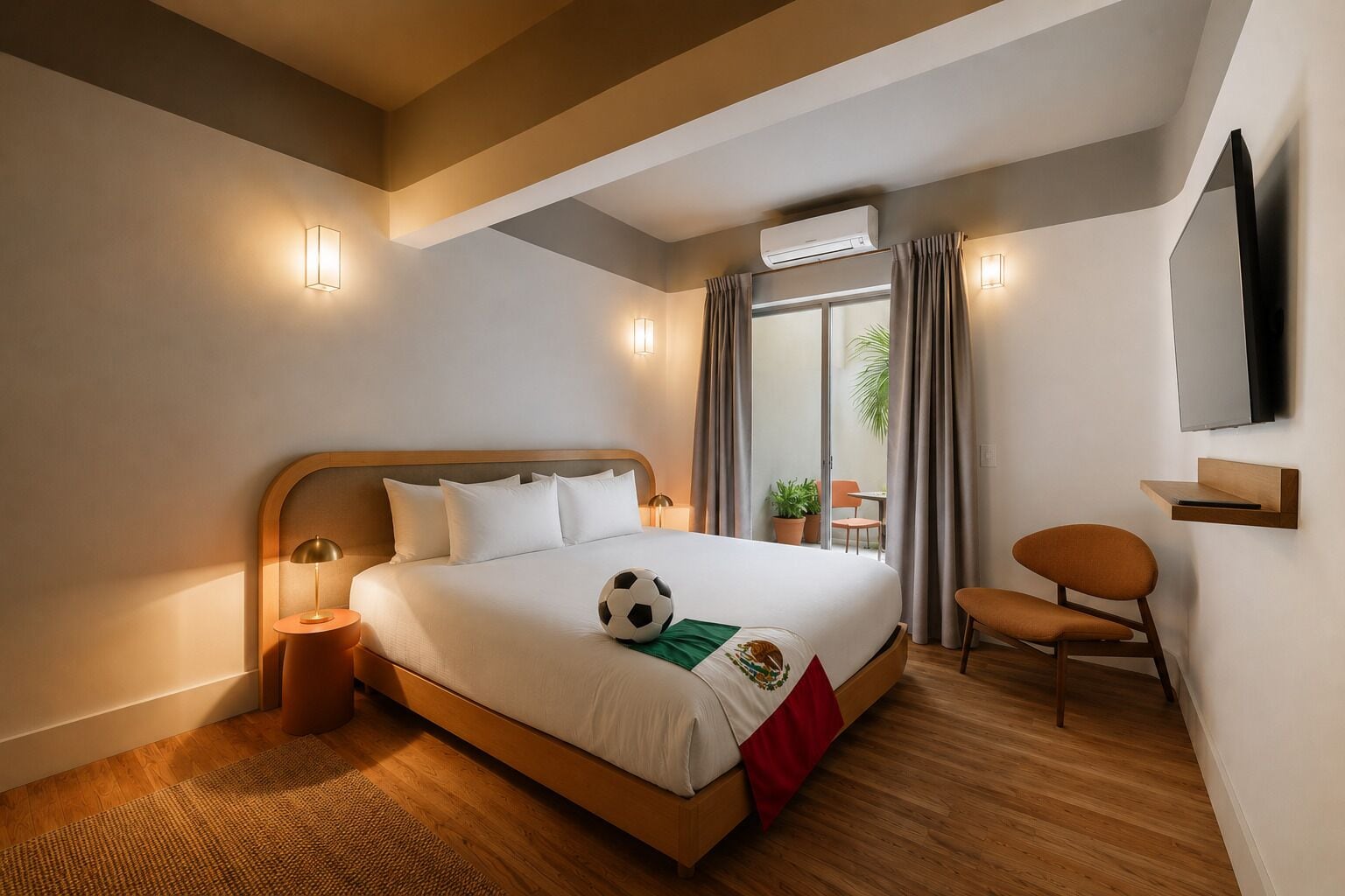 Ein Hotelzimmer mit Bett, Nachttisch, Lampe, Sessel, Fernseher und einem Balkon mit Vorhängen.