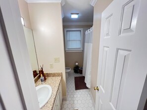 Shower, towels, soap, toilet paper
