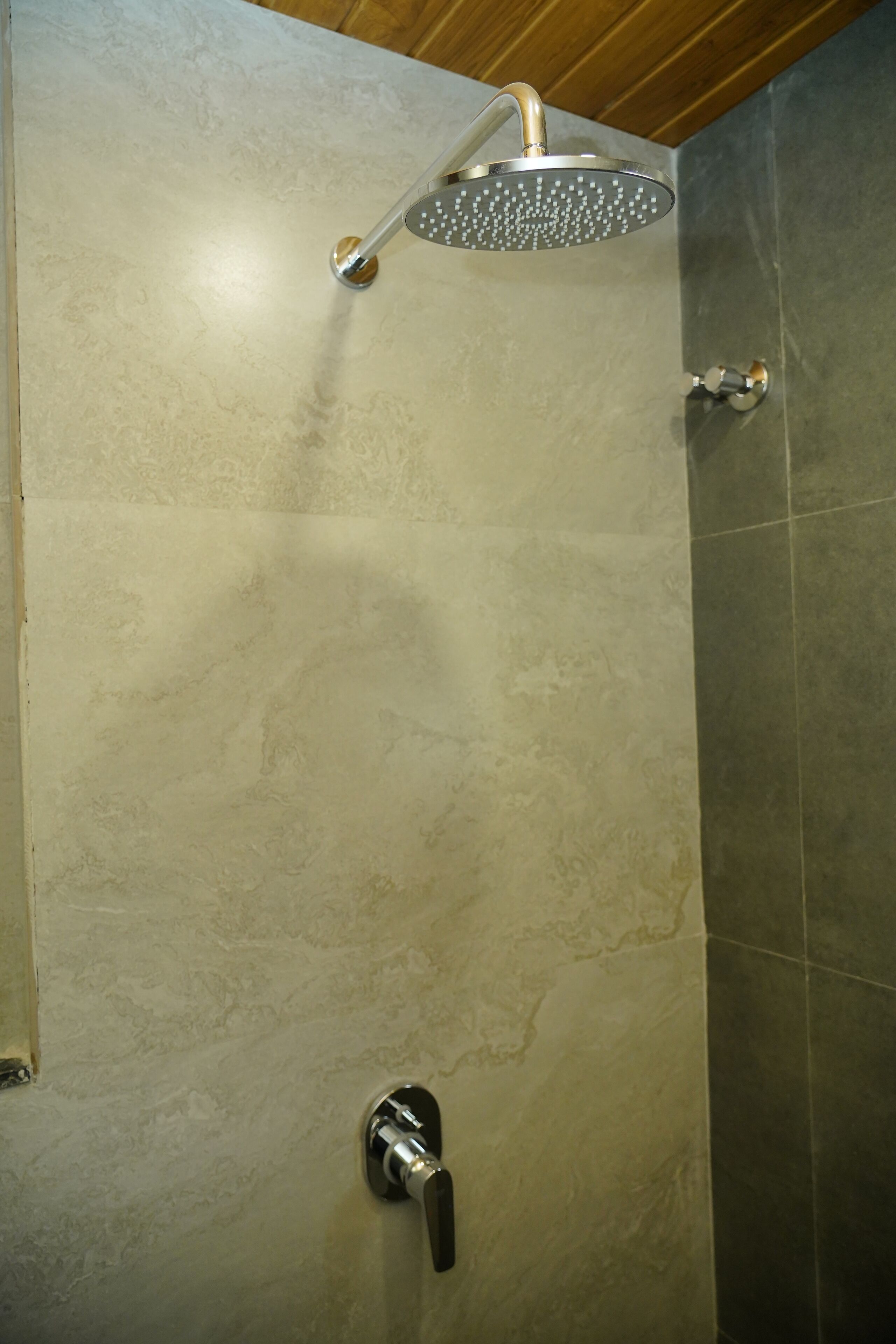 A shower with a handheld showerhead and a wall-mounted faucet.