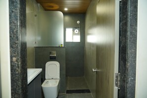 Shower, towels, soap, shampoo