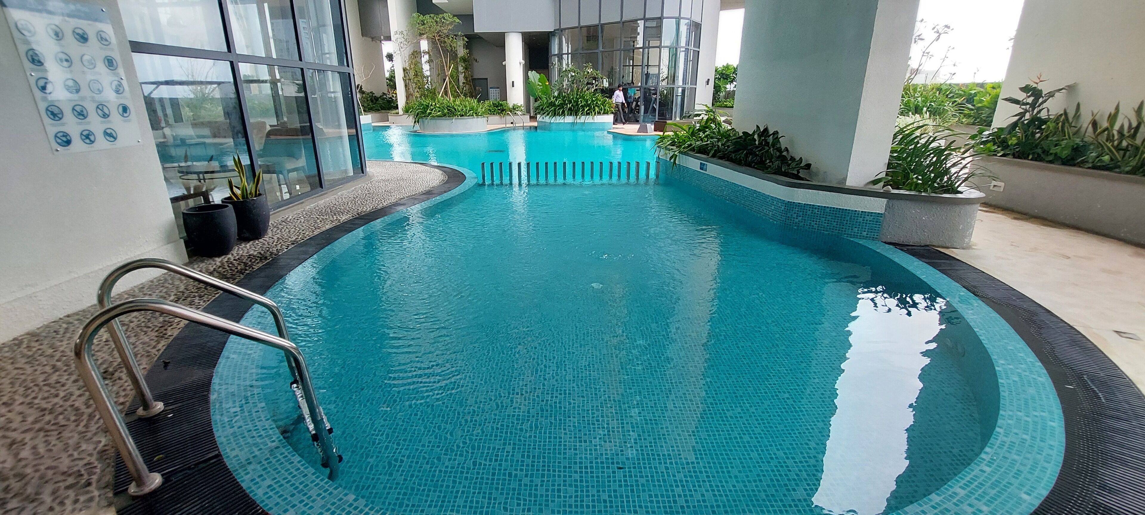 A swimming pool with a metal ladder, surrounded by glass walls and potted plants.