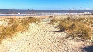 A sandy beach with a wooden fence leading to the water. - Ocean Pearl= pool,  beachfront, elevator (Tybee Island)